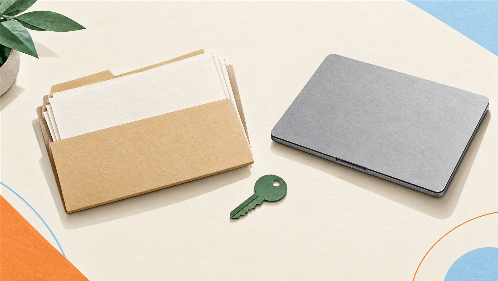 Conceptual illustration of a key, document folder, and laptop representing website handover