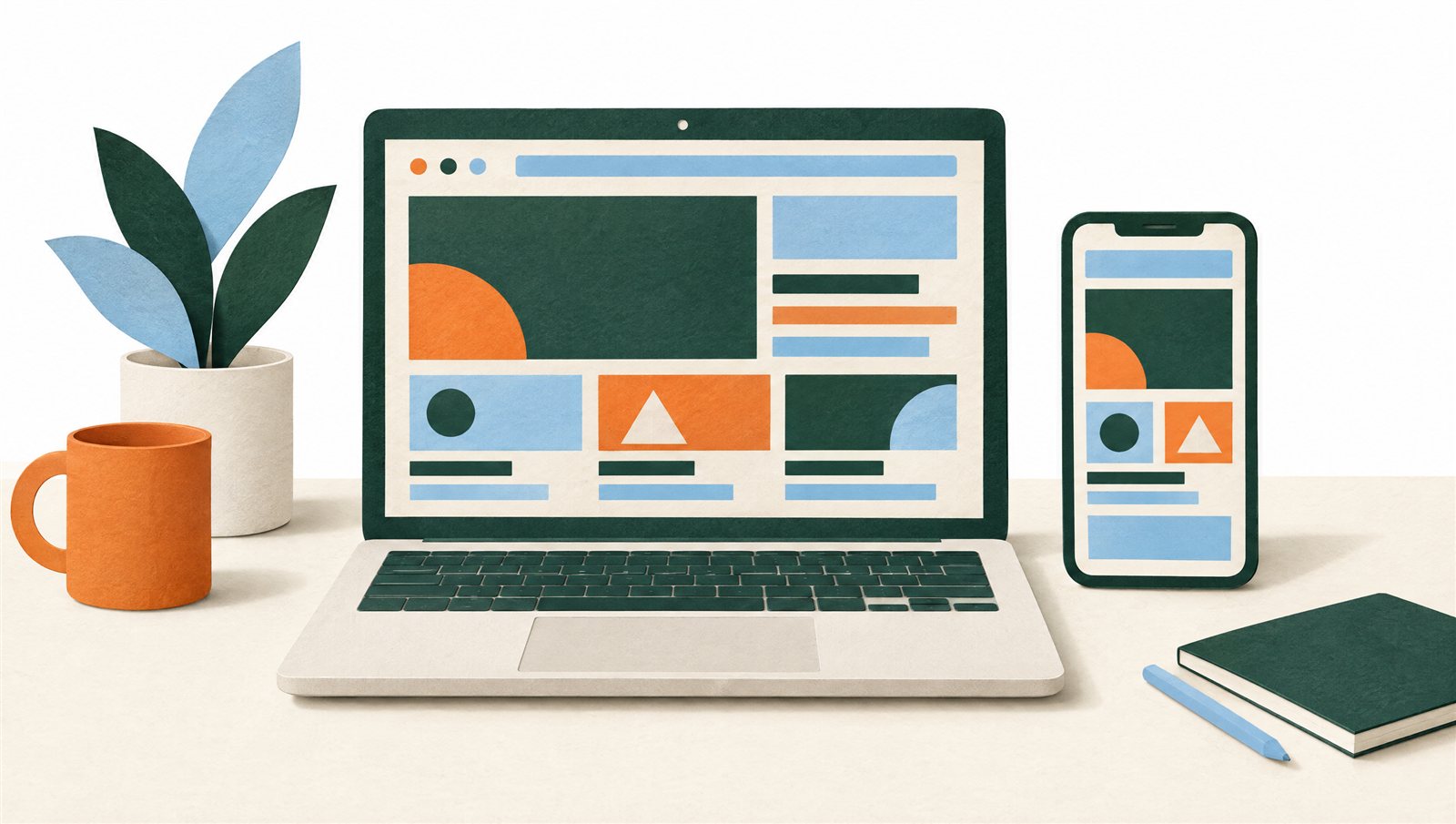 Conceptual illustration of a laptop and phone displaying an unbranded website layout