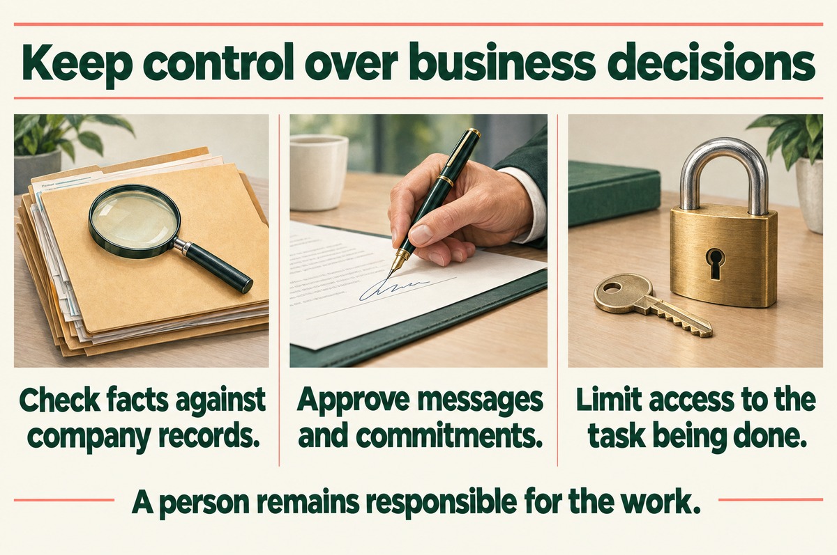 Check facts against company records, approve messages and commitments, and limit access to the task being done