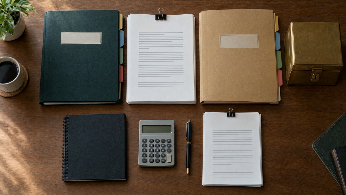 Folders, a notebook, calculator, and a locked document box arranged on an office desk