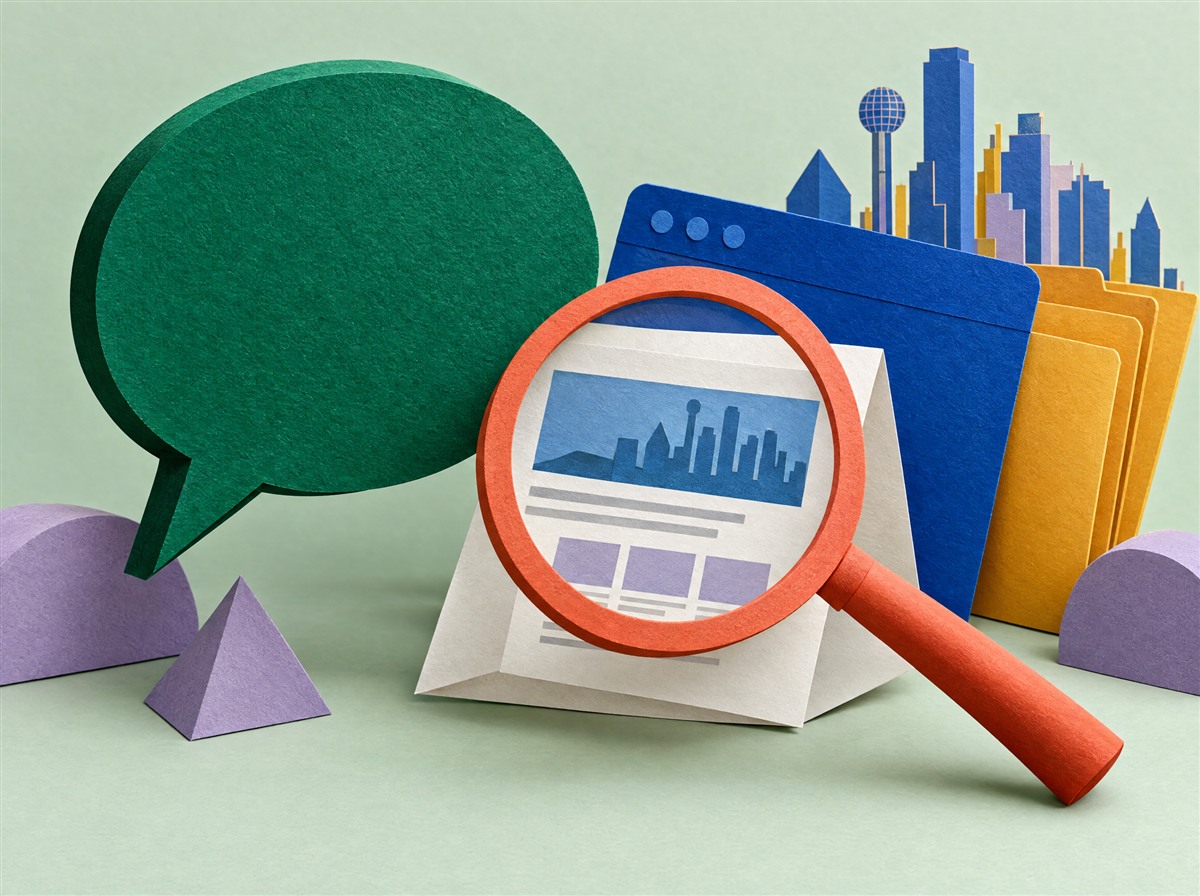 Colorful paper illustration of a conversation bubble, a magnifying glass, a website page, and the Dallas skyline