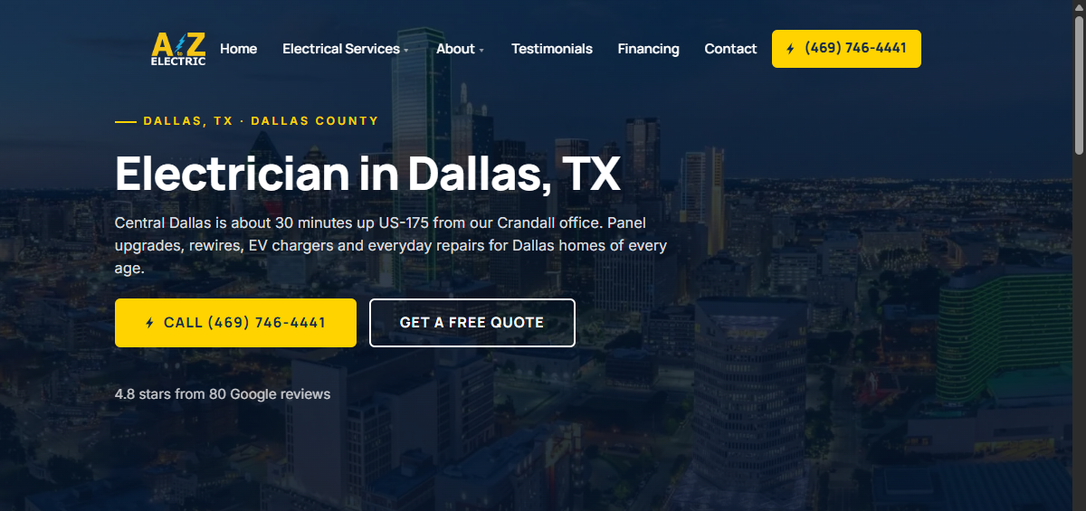 Screenshot of A to Z Electric's Dallas service page with its Dallas heading and service information