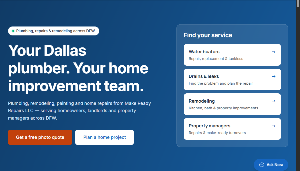 Screenshot of DallasPlumber.com showing its Dallas heading and links to individual services