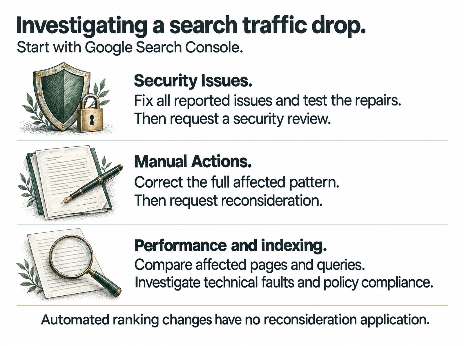 Search Console investigation guide: correct and test security issues before security review, repair manual-action patterns before reconsideration, and investigate performance and indexing separately
